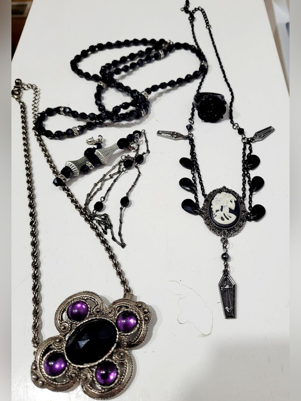 Gothic Jewelry Lot Black Silver Tone Necklaces Ring Earrings Cameo